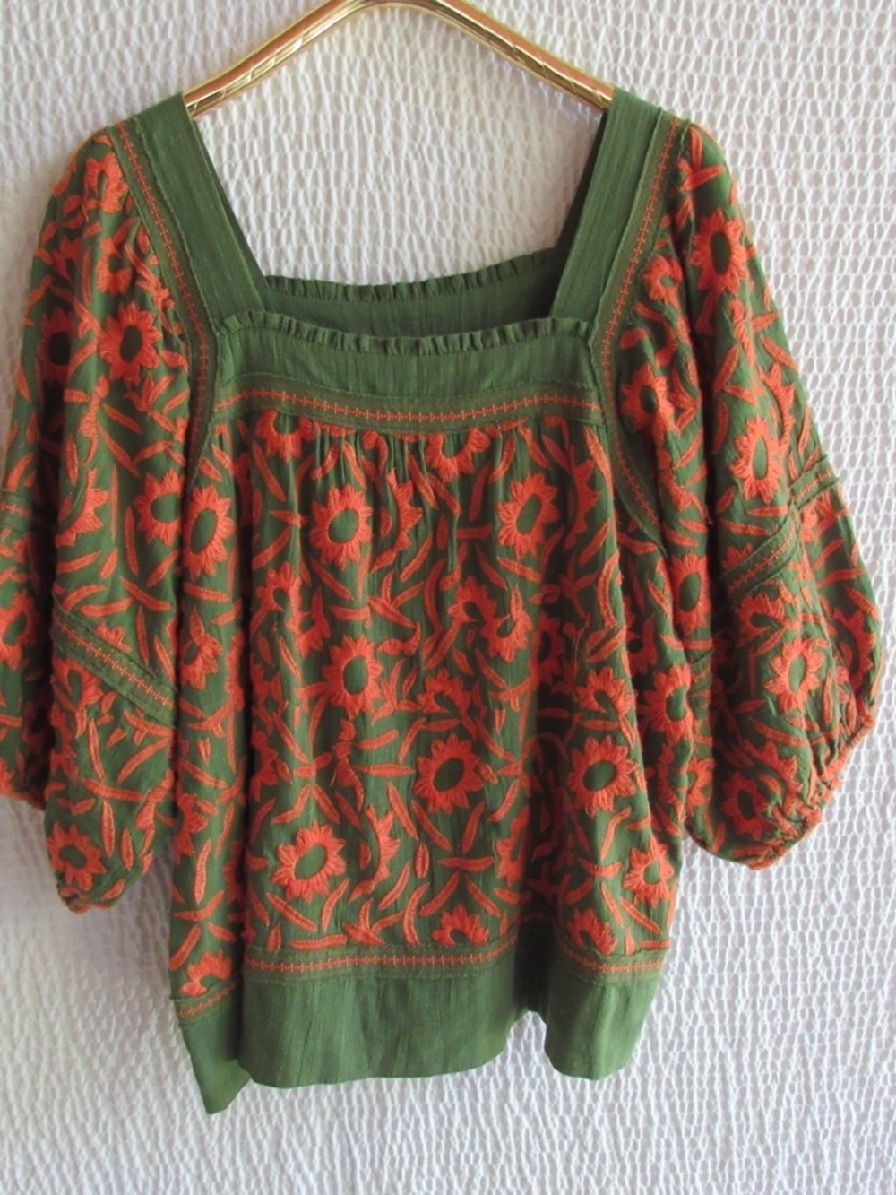 Embroidered Top XL Green Orange Boho 100% Cotton India Sister Mary Boho Peasant